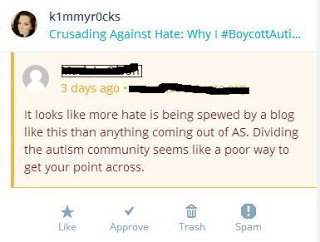 Image is a screenshot of an inbox text reads It looks like more hate is being spewed by a  blog like this than anything coming out of AS.  Dividing the autism community seems like a poor way to get your point across.