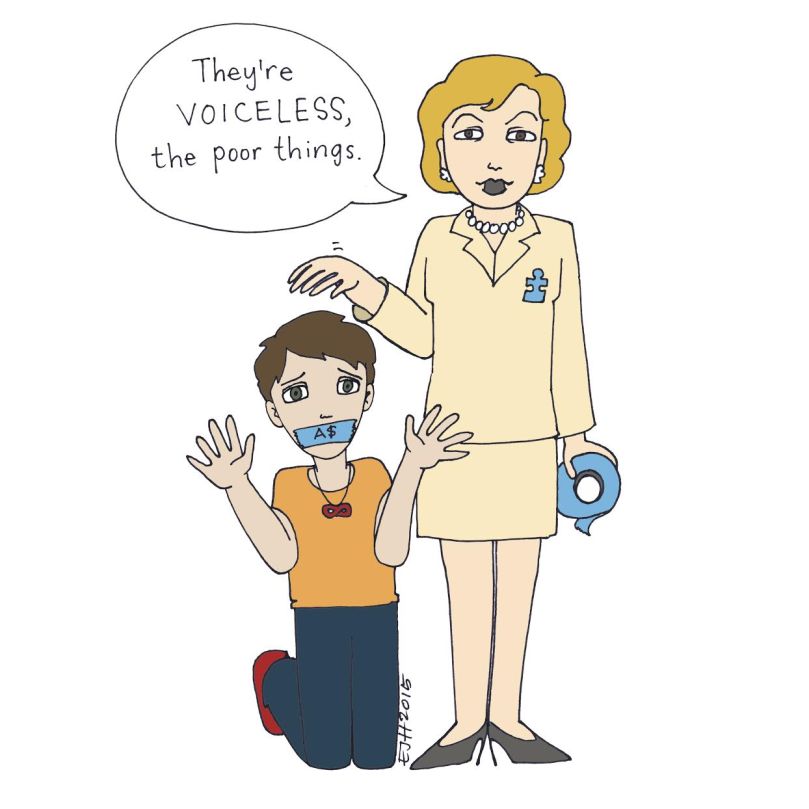 Image is a cartoon drawing of a kneeling person wearing a red infinity symbol necklace, hands up as if gesturing for help, their mouth taped over with a piece of blue tape labeled “A$.” Standing beside them is a cartoon caricature of Suzanne Wright, holding a roll of blue tape, patting the kneeling autistic person’s head, and wearing a blue puzzle piece pin. Her speech bubble says, “They’re VOICELESS, the poor things.”